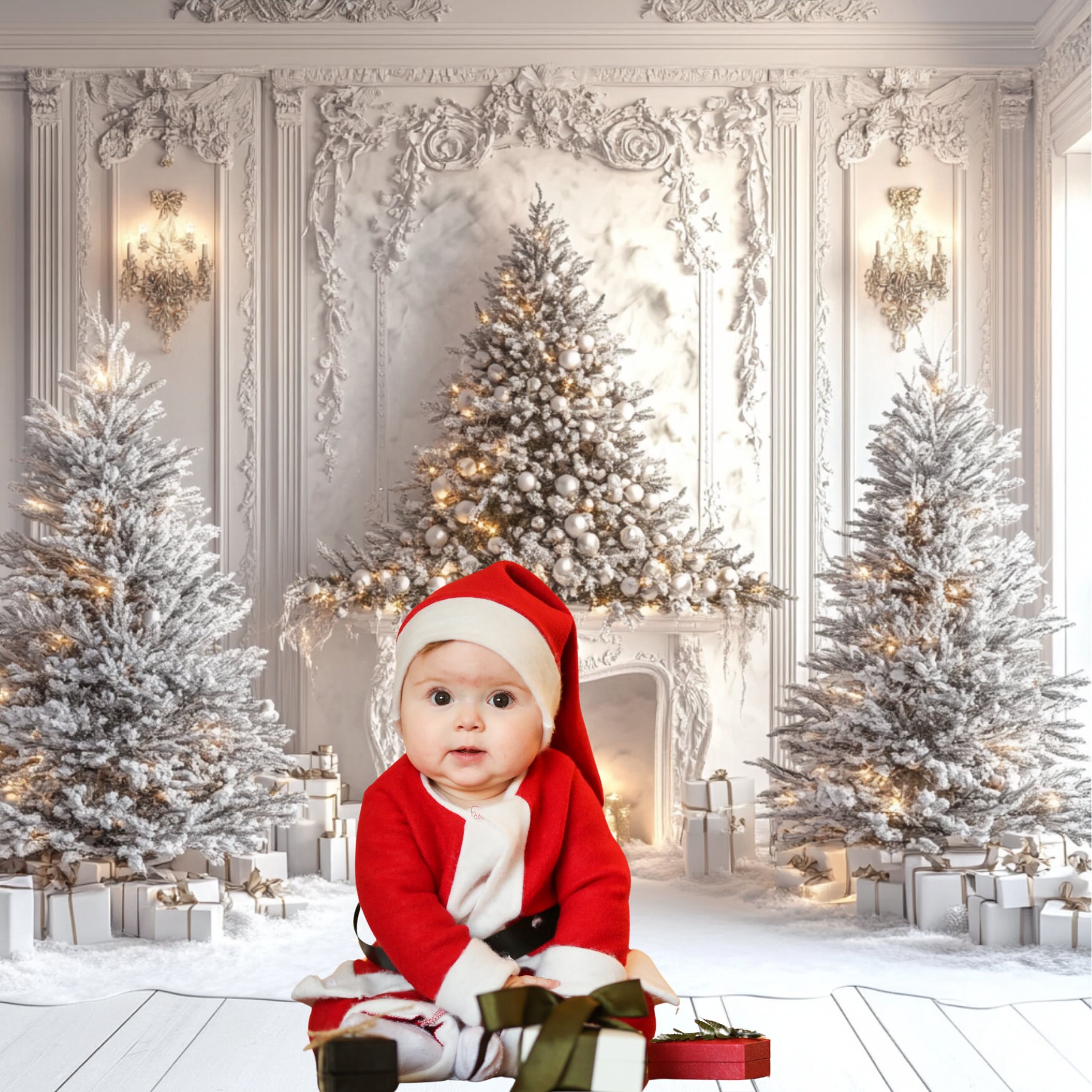 White Christmas Living Room Digital Backdrops Bundle, Composite ...