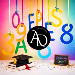 May include: A colorful graduation-themed image with hanging numbers and ribbons. A black graduation cap sits atop books and a rolled diploma. A small chalkboard reads "Congrats Grad!" The image includes the ATDSCRAFT logo.