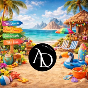 Peut inclure: Scène de plage vibrante avec un panneau indiquant 'Fun Beach', 'Surf Zone', 'Sandcastle' et 'Tiki Hut'. L'image comprend un flotteur toucan, des chaises longues et un parapluie coloré, évoquant une ambiance de vacances tropicales.