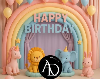 Pastel Rainbow Birthday Backdrop: Lion, Elephant, Unicorn (Digital Download)