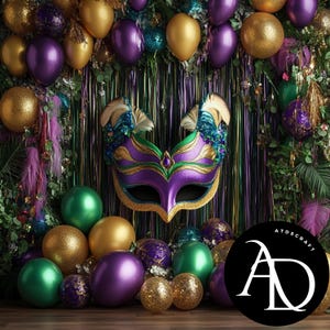 May include: A festive Mardi Gras scene with a purple, green, and gold color scheme. A decorative mask with feathers is the focal point, surrounded by balloons and decorative orbs. The background features green foliage and metallic streamers.