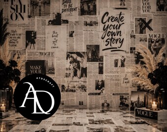 Fashion Newspaper Backdrop, Editorial Luxury Photoshoot Background, Black White Glam Party 14x14 PNG