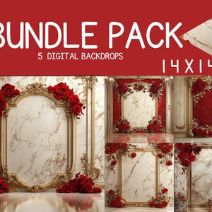 Rose Elegance Digital Backdrops-Golden Frame Background-Red Roses Opulent Room- Ivory Marble Studio Wall-Premium Red Gold Background
