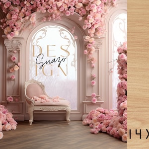 Pink Rose Arch digital background, Fine Art portrait photography backdrop, Valentines composite, Photoshop overlay,Floral Pink Chair