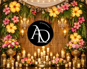 Luxury Tropical Wedding Backdrop, Gold Chandelier Floral Arch, Tiki Night Party Decor, Romantic Bamboo Photo Booth, Elegant Summer Backdrop