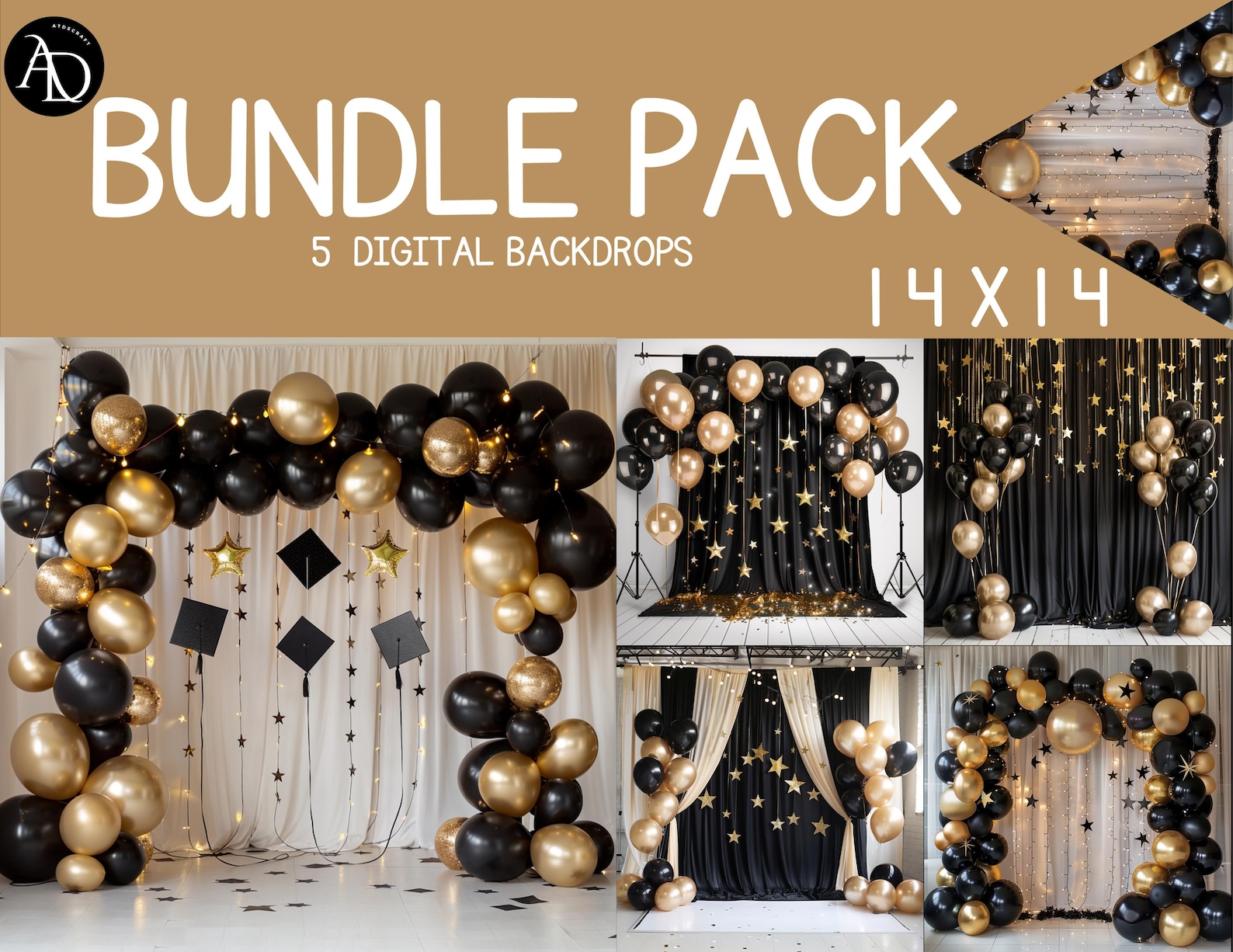 Black and Gold Graduation Backdrop: Elegant Balloon Arch (digital) - Etsy