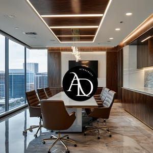 May include: A modern office conference room with a large window overlooking a city skyline. The room features a long, white table with brown leather chairs, a black ceiling with recessed lighting, and a large, dark wood cabinet. The table has a black circle with the letters "AD" in white and the text "ATDCRAFT" above the letters.