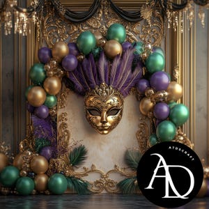 May include: A gold masquerade mask with ornate details is framed by a gold and purple balloon arch. The balloons are in shades of gold, purple, and green. The background is a dark gray wall with a gold and black ornate frame.