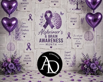 Alzheimer’s Brain Awareness Digital Backdrop PNG, Purple Ribbon Support Photo Background, 1 PNG File Only 14x14 Download