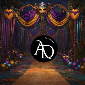 May include: A festive scene with a Mardi Gras theme. The image features a decorative mask, purple and gold draped fabric, and ornate decorations. The logo "ATDSCRAFT" is in a black circle in the foreground.