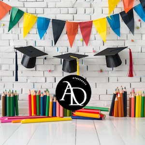 Kindergarten Graduation Backdrop: Pencils, Caps, Flags (Digital Download)
