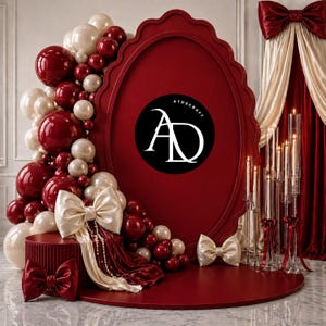 May include: A decorative display featuring a large red oval frame with a black circle in the center, displaying the text "ATOSCRAFT" and the letters "AD". The display includes red and cream-colored balloons, bows, and candles, creating a festive and elegant atmosphere.