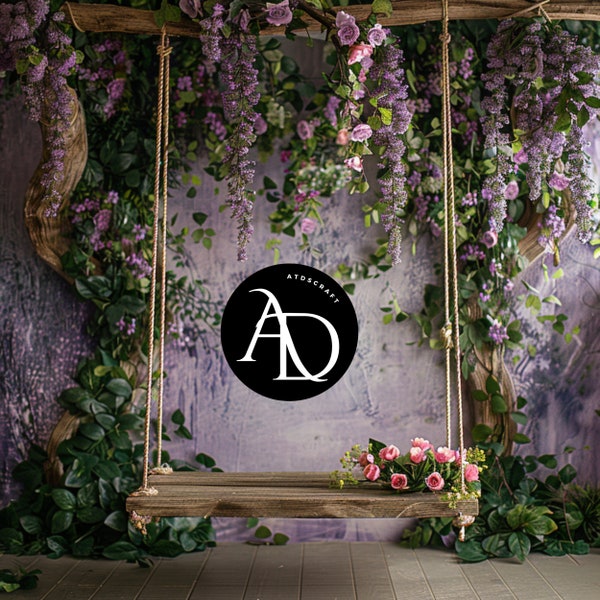 Purple Rose Swing Digital Backdrop - Greenery - Purple flowers, Willow Hoop -Leaves -Digital Background for Photography - Woodland-Composite