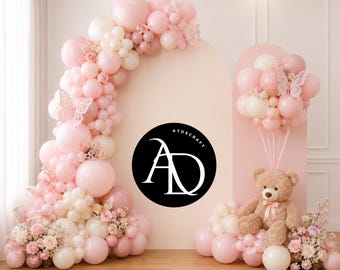 Pink Butterfly Baby Shower Backdrop PNG, Teddy Bear Birthday Background, Baby Girl Balloon Party Photo Backdrop