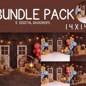 May include: Bundle pack of 5 digital backdrops, each 14 x 14 inches. The images feature rustic themes with wooden doors, hay bales, balloons, and string lights. The color palette includes brown, beige, and pops of red, yellow, and blue.