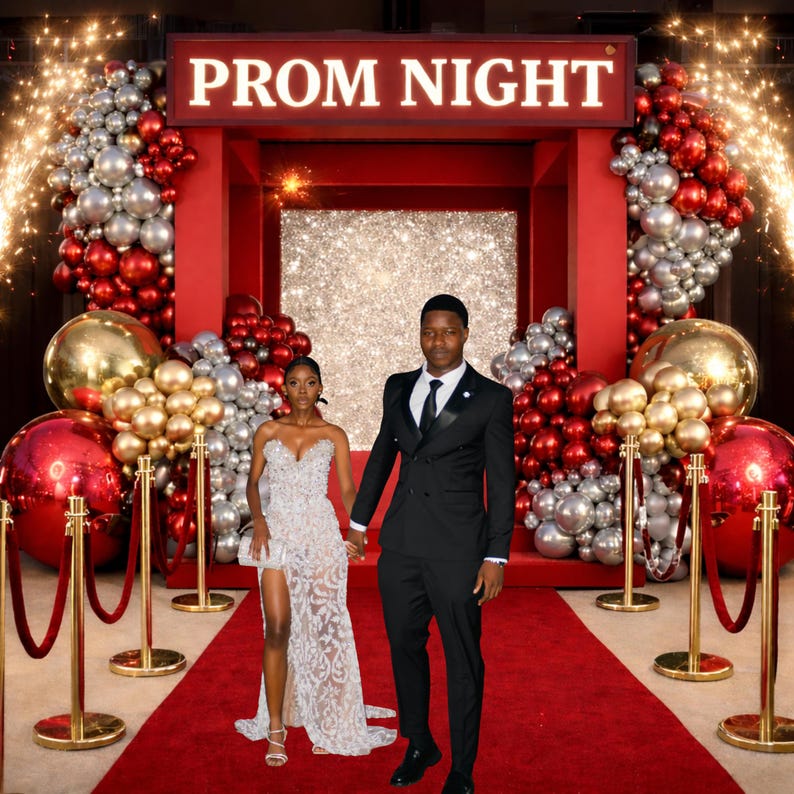 Prom Night Digital Backdrop Red Carpet Background, Gold Silver Balloons ...