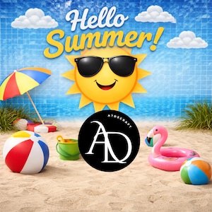 May include: A vibrant summer-themed graphic with a smiling sun wearing sunglasses, the words "Hello Summer!" and beach accessories. Includes a beach ball, inflatable flamingo, and a colorful umbrella.