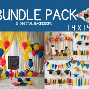 May include: A bundle pack of 5 digital backdrops for photography, featuring a graduation theme. The backdrops include a classroom setting with colourful balloons, a brick wall with a graduation cap garland, and a white wood floor with colourful pencils and graduation caps.