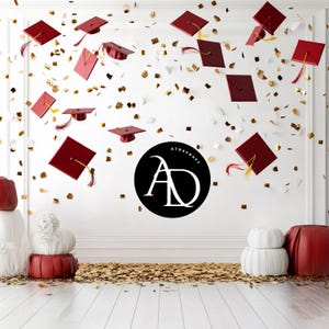 Graduation Studio Photo Backdrop | Red Cap Toss with Gold Confetti | Elegant Digital Background for Ceremony, Senior Portraits