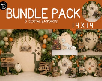Dinosaur Backdrop Bundle PNG, Dino Birthday Party Photo Background, 5 Digital Backdrops 14x14 Instant Download