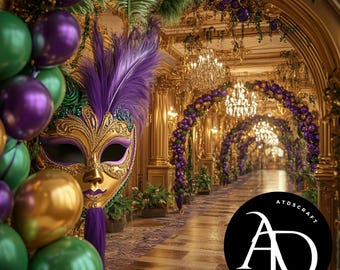 Elegant Mardi Gras Mask Photography Backdrop: Festive Balloons (Digital Download)