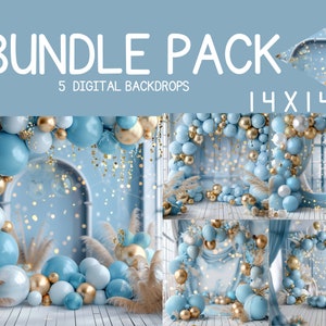 Blue Light Gold Balloon Garland Digital Backdrops, Family Kids Maternity Overlays, Birthday Prom Backdrop, Composite Photography Background