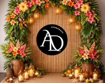 Tropical Floral Arch Backdrop, Bamboo Wood Photography Background, Hawaiian Luau Wedding Decor, Plumeria Hibiscus Flowers, Summer Party