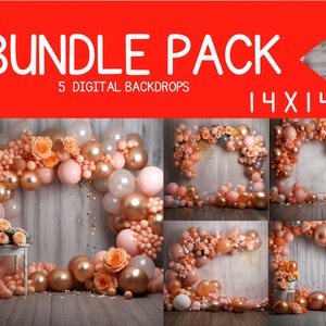 Peach Rose Gold Balloon Garland Digital Backdrops, Family Kids Maternity Overlays, Birthday Prom Backdrop, Composite Photography Background