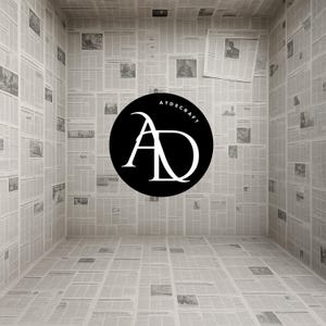 May include: A room entirely covered in newspaper pages, creating a textured, grayscale environment. The walls, floor, and ceiling are lined with newsprint. A black circular logo with the text "ATOSCRAFT" and stylized "AD" is centered.