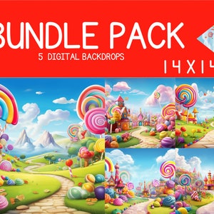 Sweet Lollipop Candy Land Digital Backdrops,  Cartoon Rainbow Lollipop Photography Backgrounds ,Studio Booth Props Newborn Birthday Party
