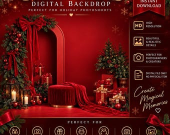 Red Christmas Digital Backdrop, Christmas Family Photo Background, Holiday Mini Session, Elegant Red Christmas Photography Backdrop