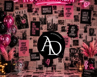 Pink Neon Birthday Backdrop, Fashion Newspaper Wall Photo Booth Background, Glam Girls Party 14x14 PNG