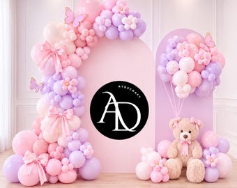 Pink Teddy Bear Backdrop PNG, Baby Girl Birthday Background, Butterfly Balloon Party Backdrop, Baby Shower Photo Setup