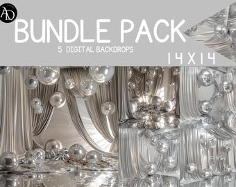 Silver Glam Balloon Backdrop Bundle | 5 Metallic Digital Backgrounds for Elegant Parties & Photos , Glitter Backdrop,Foil Silver Backdrop