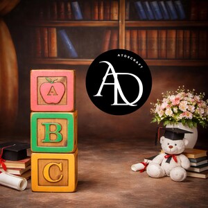 May include: Wooden alphabet blocks with the letters A, B, and C, and a teddy bear in a graduation cap. A vase of flowers and books are also present. The image has a vintage, educational theme, with a backdrop of bookshelves.