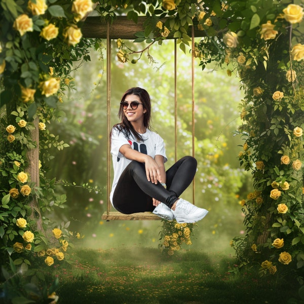 Yellow Rose Swing Digital Backdrop - Greenery - Yellow flowers, Willow Hoop -Leaves -Digital Background for Photography - Woodland-Composite