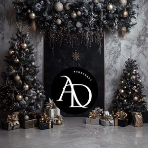 May include: A Christmas display with two decorated trees, adorned with gold and black baubles, and wrapped presents. The image includes the text "ATDSCRAFT" in a black circle, possibly a brand logo.
