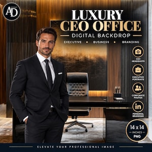 May include: A digital backdrop for a luxury CEO office featuring a dark wood paneled wall, a black desk, and a leather office chair. The text reads LUXURY CEO OFFICE DIGITAL BACKDROP, EXECUTIVE, BUSINESS, BRANDING, and 14 x 14 INCHES PNG.