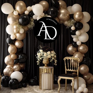Black and Gold Graduation Backdrop | Elegant Cap and Balloon Setup | Luxurious Digital Background for Graduation Ceremony, Senior Portraits