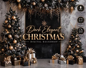 Dark Elegant Christmas Backdrop, Black & Gold Holiday Photography Background, Luxury Christmas Photoshoot Digital Backdrop