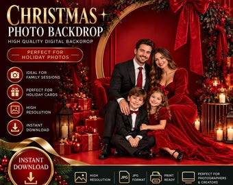 Red Christmas Digital Backdrop, Elegant Holiday Photography Background, Christmas Family Portrait, Luxury Red Christmas Photoshoot