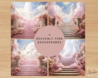 Memorial Hydrangeas Background-Christian-Funeral Background-Pink Flowers-Doves-Stairs-Wings Pink clouds Memorial Background-digital download