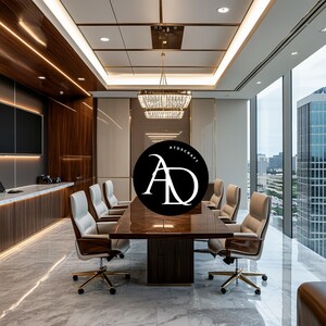 May include: A modern office conference room with a large wooden table and leather chairs. The room has large windows with a city view. A black and white logo with the text "ATDSCRAFT AD" is in the center of the image.