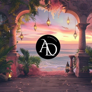 Coastal Digital backdrop - Oceanside alcove digital background-pink sunset skies - pink tones -ocean view- seaside view background