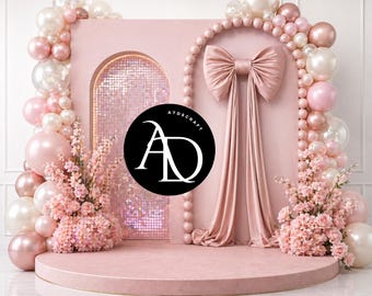 Pink Floral Backdrop PNG, Birthday Baby Shower Mothers Day Photo Background, Elegant Bow Party Decor 14x14 Download
