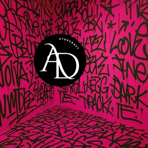 May include: A pink room featuring black graffiti art covering the walls and floor. The artwork includes various words and symbols. A black circle with white "AD" letters and "ATDSCRAFT" text is centrally placed.