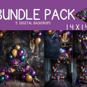 May include: A digital backdrop bundle pack of 5 images featuring a masquerade theme with purple, gold, and green balloons, feathers, and masks. The images are 14x14 inches.