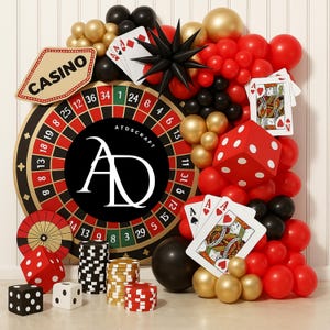 Fondo digital de ruleta de casino / Fondo de fiesta rojo, dorado y negro con cartas, dados y fichas / Accesorio fotográfico PNG de Las Vegas para eventos - Noche de juegos