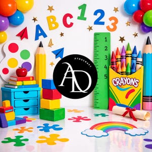 May include: A colorful educational display featuring a variety of school supplies. Includes a green ruler, a box of crayons, a rainbow, and wooden blocks. The image also shows balloons, letters, numbers, and a pencil.