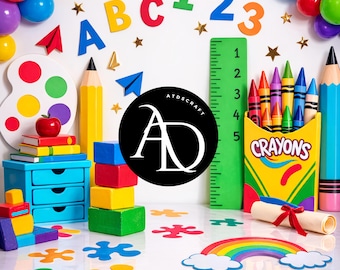 School Backdrop PNG, Back to School Graduation Background, Preschool Kindergarten Classroom Photo Backdrop Digital 14x14